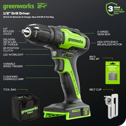 Greenworks 24V Brushless 2PCS Cordless Brushless Power Tool Combo Kit, include 310 in-lbs Drill Driver, 18,000 OPM Multi Tool, 2 x 2Ah Batteries and Charger - size: 2PCS Combo Kits(Drill+Multi-Tool)