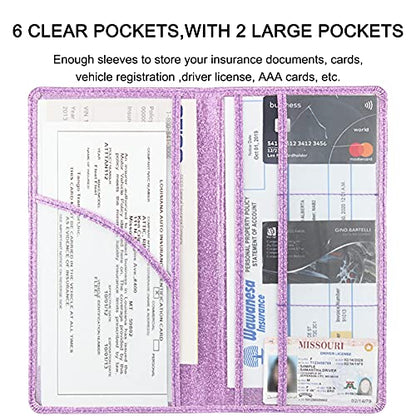 Car Registration and Insurance Holder, Premium Leather Insurance and Registration Holder,vehicle Glove Box Car Organizer, with Magnetic Shut for Cards, Driver License (Glitter Purple) - color: 07-Glitter Purple