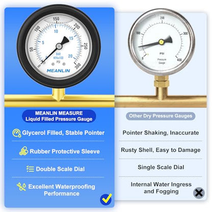 MEANLIN MEASURE 0~300Psi Stainless Steel Liquid Filled Pressure Gauge 1/4" NPT 2.5" FACE DIAL with Rubber Protective Sleeve, Center Back Mount - size: 0-300Psi
