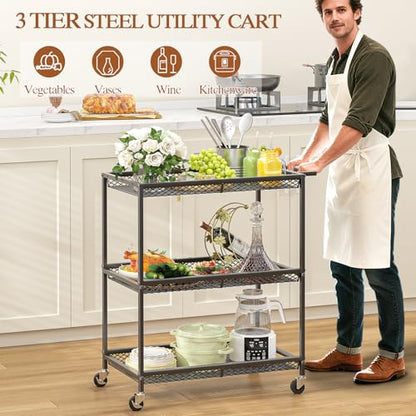 3 Tier Rolling Utility Kitchen Cart, Heavy Duty Wire Rolling Cart on Wheels, Commercial Metal Serving Carts with Handle, Kitchen Island Plant Shelf Food Storage Trolley for Laundry, Office, Garage - color: Black