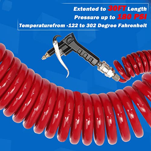 Heavy Duty Truck Air Duster Blow Gun Cleaning with 9 Meter Long Coil and 2 interchangeable nozzle tips- Red Air Seat Blow Gun Kit - color: Red