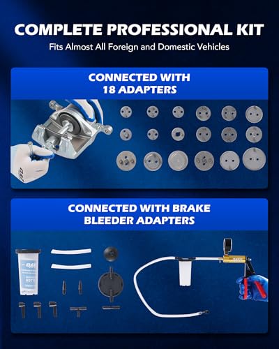 OMT 2 in 1 Brake Caliper Compression Tool & Radiator Fluid Bleeder Kit | Handheld Vacuum Pump Brake Bleeder Tool Set, Disc Brake Pad Service Tool with Thrust Bolt Retaining Plates & 18 Adapters - color: Black