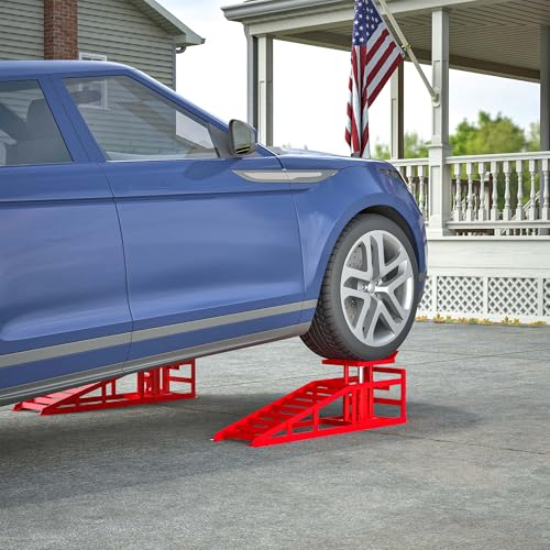 2 Pack Hydraulic Car Ramps 5 Ton 11000LB Capacity, Low Profile Vehicle Service Ramps with Hydraulic Jack, Heavy Duty Steel Car Lift Ramps for Truck Trailer Garage Maintenance (Red, 11.61" - 16.21") - color: Red