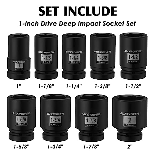 MIXPOWER 9PCS 1"Drive Impact Deep Socket Set, 6 Point, 1" - 2", CR-MO, SAE, Deep, 1" Dr. Deep Spindle Axle Nut Impact Socket Set - size: 25.4mm-50.8mm (9 Pieces)