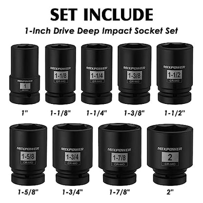 MIXPOWER 9PCS 1"Drive Impact Deep Socket Set, 6 Point, 1" - 2", CR-MO, SAE, Deep, 1" Dr. Deep Spindle Axle Nut Impact Socket Set - size: 25.4mm-50.8mm (9 Pieces)