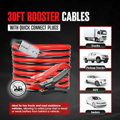 KRIEGER Jumper Cables 100% Pure Copper, 30 Feet, 2 Gauge, 1000 Amp Custom-Made Alligator Clamps, Booster Battery Cables w/Permanent Installation Kit & Quick Connect Plugs - Carrying Bag Included - size: 30-Feet (2-Gauge)