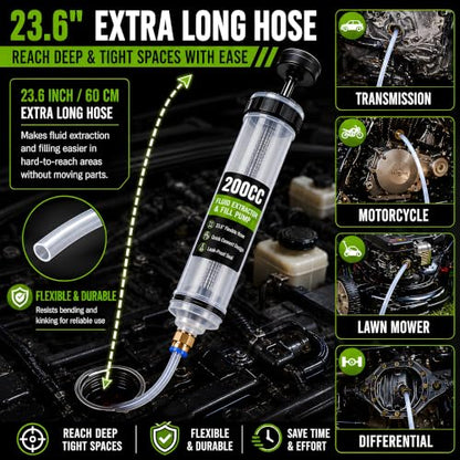 200CC Fluid Extractor Pump, Oil Extractor Pump with 2 Flexible Hoses, Manual Fluid Transfer Pump for Transmission Fluid, Brake Fluid, Coolant, Differential, Gear Oil, Automotive Fluid Extractor