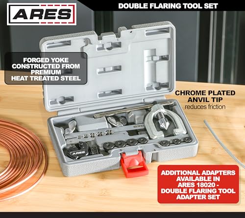 ARES 18019 - Double Flaring Tool Set with Extra Adapters- Use on Copper, Aluminum, Soft Steel Brake Line and Brass Tubing - Includes Mini Tubing Cutter and Storage Case - size: Double Flaring Tool Set
