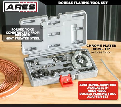 ARES 18019 - Double Flaring Tool Set with Extra Adapters- Use on Copper, Aluminum, Soft Steel Brake Line and Brass Tubing - Includes Mini Tubing Cutter and Storage Case - size: Double Flaring Tool Set