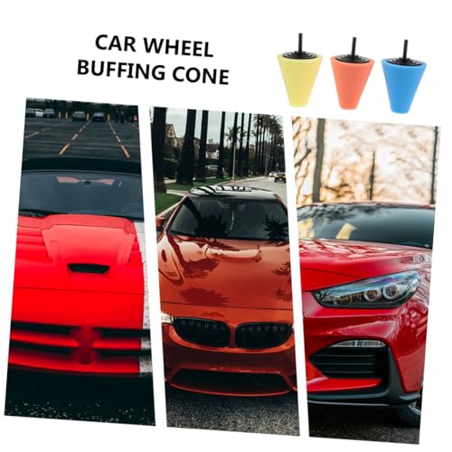 Garneck 3pcs Set Car Wheel Buffing Cone Polishing Sponge Pads in Sky, Amber, and Gold for Automotive Wheel Care with Drill Attachment