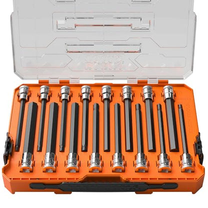 Klein Tools 652216HEXL Long Hex Bit Socket Set, 16-Piece, SAE and Metric Socket Set, Long Hex Bits, MODbox Case