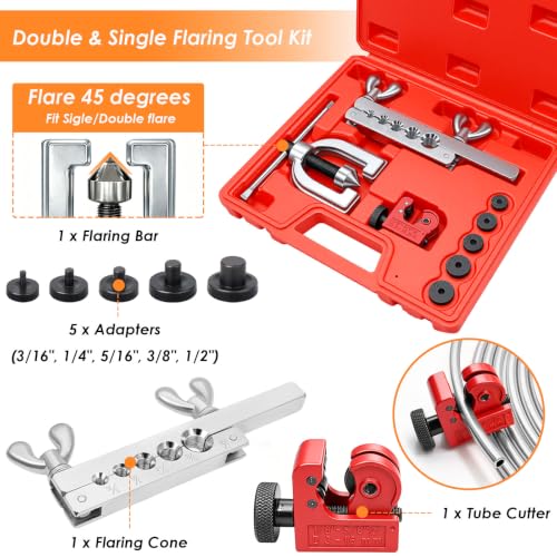 3/16 Inch Brake Line Repair Kit, 2 Set 25FT 3/16 Inch Brake Line with 102Pcs Fittings (Includes 8 Unions) and Double & Single Brake Line Flaring Tool Kit & Brake Line Bender(Silver) - size: 3/16 + 3/16 Inch Gold, style: Brake Line Kit & Tube Bender