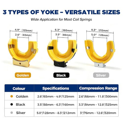 Heavy Duty On-Vehicle Strut Spring Compressor Kit for SUVs and Trucks | 4500kg/9921lbs cap, heat-treated steel ACME screw. 3 yoke pairs: 2.6"-8.3" OD. U-shaped fork for knuckle & ball joint work.