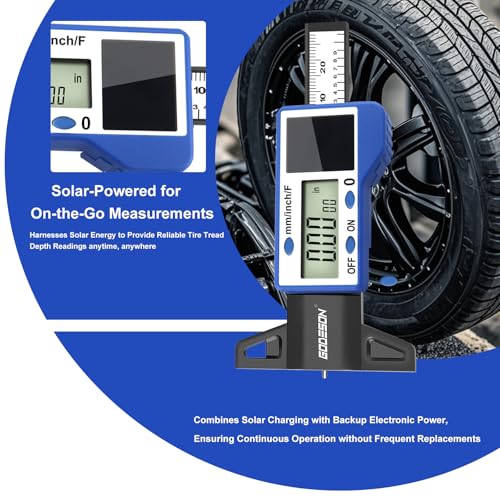 GODESON Digital Tire Tread Depth Gauge – 3 Modes-Fraction/Inch/MM Display, Solar & Battery Hybrid,1” (25.4mm/32NDS) Range, Blue Tire Wear Measure Tool for All Vehicles (Car, Truck, SUV) - style: IN/MM/FRAC - Blue