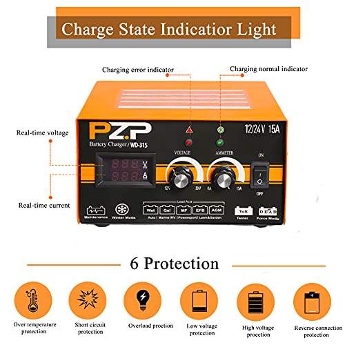 12V 24V Manual Battery Charger Maintainer, 0 to 15A Arbitrarily Adjustable Car Battery Trickle Charger, Battery Desulfator with Repair, Winter Mode, Suitable for AGM Gel Deep Cycle Truck RV ATV - color: Orange