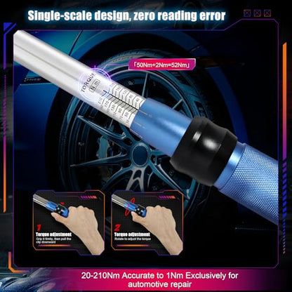 1/2 Inch Drive Click Torque Wrench 20-210Nm, 72-Tooth Adjustable Torque Wrench, ±3% High Precision CR-V Steel Heavy Duty for Automotive Car Repair, Motorcycle Maintenance, Home DIY & Industrial Use