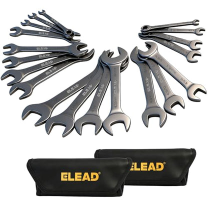 ELEAD 19-Piece Super-Thin Open End Wrench Set, Metric 5.5–27 mm & SAE 1/4"-1-1/16", CR-V Nickel Plated, 3 mm Thickness Ultra-Slim Wrench Set for Tight Spaces, Durable Roll-Up Pouch for Mechanics - color: 19-piece Super-thin Metric&sae Black