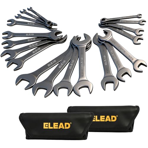 ELEAD 19-Piece Super-Thin Open End Wrench Set, Metric 5.5–27 mm & SAE 1/4"-1-1/16", CR-V Nickel Plated, 3 mm Thickness Ultra-Slim Wrench Set for Tight Spaces, Durable Roll-Up Pouch for Mechanics - color: 19-piece Super-thin Metric&sae Black