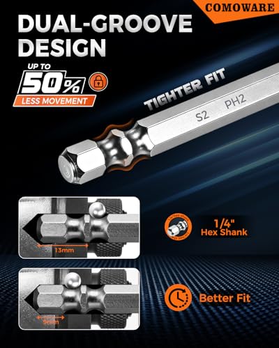 COMOWARE High Magnetic Screwdriver Drill Bit Set, 12PCS, #2 Anti-Slip Long Phillips Bits, S2 Steel, Chrome Plated for Rust Resistance, 2–6" Magnetic Impact Bits for Power Drill - color: Ph2 12pcs