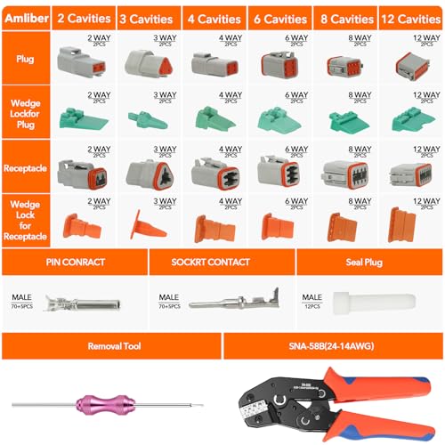 212PCS 12 Kits DT Connector with Crimping Tool & Terminal Removal Tool for Deutsch Connector Kit, 2 3 4 6 8 12 Pin Automotive Electrical Connectors & Size 16 Stamped Contacts for Car Marine Wiring