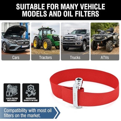 Heavy-duty oil filter wrench, Oil filter removal tool, 3/8 & 1/2 in Drive | Fits filters up to 9 in (229 mm), with a flexible nylon strap for narrow engine bays and tight service spaces