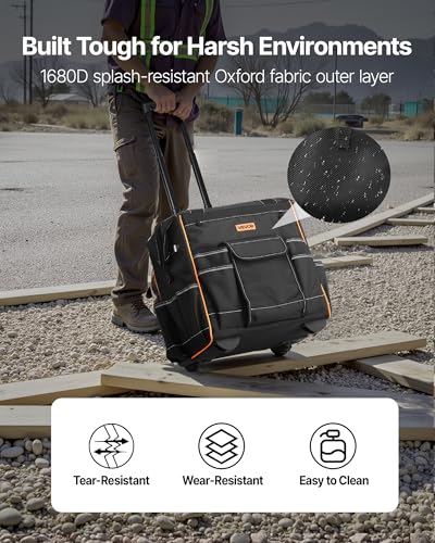 VEVOR 15" Rolling Tool Bag, 110 lbs Load Capacity, 25 Pockets Heavy Duty Roller Tool Bag on Wheels, Adjustable Telescoping Handle & Stable Base, Toolbag Organizers w/Wheels for Construction, Mechanic - size: 15 in