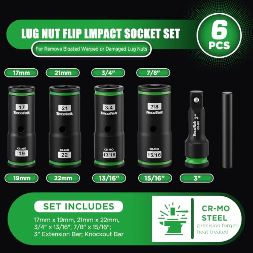 TecoTek 6PCS Thin Wall Lug Nut Impact Socket Set, 1/2" Drive Impact Flip Socket Set, 8 in 1 Dual End Wheel Tire Nut Sockets, Metric 17 19 21 22mm & SAE 3/4" 13/16" 7/8" 15/16", Lug Nut Removal Tool - size: Standard Metric & SAE