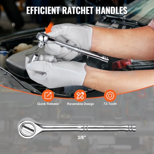 VEVOR Mechanics Tool Set 221Pieces - 1/4" and 3/8" Drive Sockets - SAE and Metric Mechanic Tool Kit with Bits - Wrenches, Ratchet Handle, Accessories, and Plastic Storage Case - for Automotive Repair - size: 1/4"&3/8", style: 221 PCS