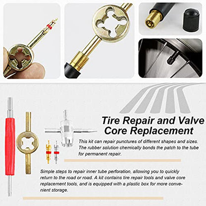 70Pcs Tire Patch Kit Heavy Duty, Tire Roller, Liner Scraper, Rubber Repair Patches, Valve Core Removal Tool with Tire Valve Caps, 4-Way Valve Tool and Valve Core Wrench
