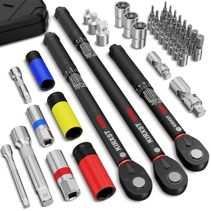 35PCS 1/4" 3/8" 1/2" Drive Click Torque Wrench, 72 Teeth Dual-Direction Adjustable, ±3% Accuracy Click Torque Wrench Set for Car, Motorcycle Maintenance - size: 35Peice