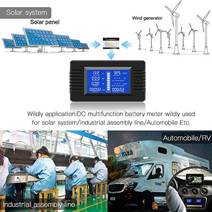 DC 0-200V 100A Digital Battery Monitor Meter, LCD, Solar, Multifunction | Solar Power Meter, Multimeter, Ammeter, Voltmeter, 12V/24V/48V, for RV, Car Battery, Current Voltage - style: DC 100A Battery Meter（100A Shunt）