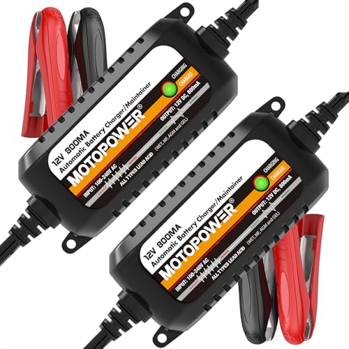 MOTOPOWER MP00205C 12V 800mA Automatic Battery Charger Maintainer - 2 Pack | Functions as a charger, maintainer, trickle charger and desulfator