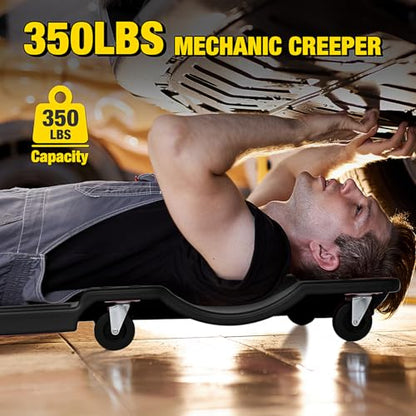 Nilight 40" Mechanic Plastic Creeper -40 Inches Blow-Molded Rolling Garage Cart with Padded Headrest, Dual Tool Trays and 6 Casters, Black - color: Black