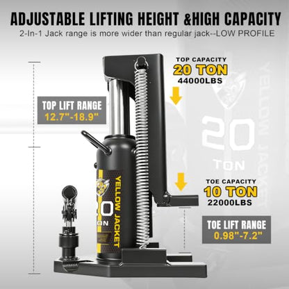 YELLOW JACKET Toe Jack, 20T/10T Hydraulic Toe Jack for Machinery Lifting | Heavy Duty Steel, 0.8"-17" Lift Range, 180° Swivel Handle, Overload Protection, For Auto, Machinery, Farm & Garage - size: 20 Ton Black