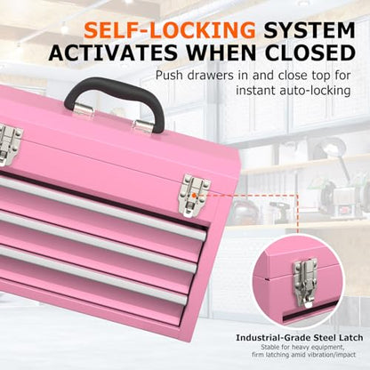 Portable Metal Tool Box with Drawers, Latches Tool Box with EVC Liners for Garage, Home and Workbench (Pink) - color: Pink