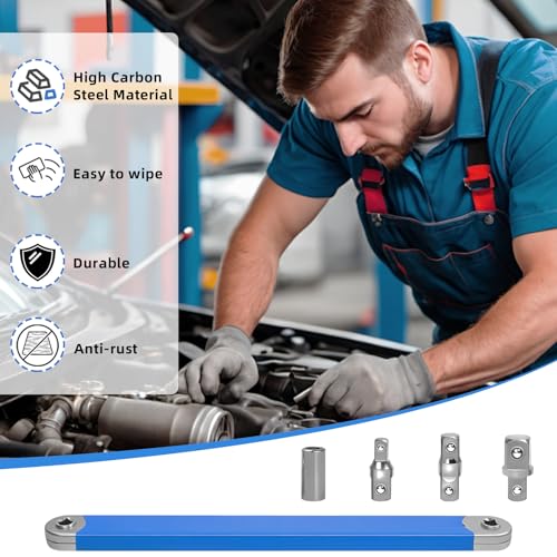 Offset Extension Wrench,15 Inch Impact Ready Socket Wrench Extender Tool Set with 1/2", 1/4" and 3/8" Square Drive Adapters, Zero Degree Ratchet Tool for Car Blue ﻿ (Blue) - color: Blue