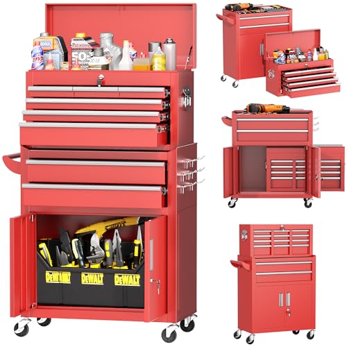 INTERGREAT Tool Chest Cabinet,8-Drawer Rolling Tool Chest with Detachable Top Tool Box, Tool Chests with Universal Lockable Wheels, Metal Tool Cart for Garage, Workshop, Barbershop(Red) - color: Red, size: 8 Drawers
