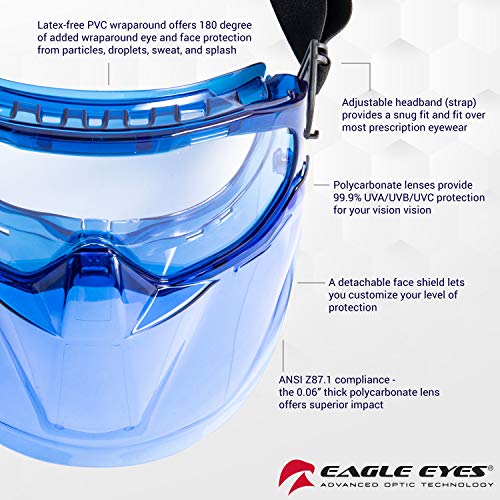 Eagle Eyes Anti-Fog Scratch-Resistant Safety Goggles with Face Shield - 99.9% UV Rays Protection - Universal Fit Lightweight Eyewear (Blue) - color: Blue