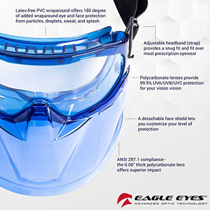Eagle Eyes Anti-Fog Scratch-Resistant Safety Goggles with Face Shield - 99.9% UV Rays Protection - Universal Fit Lightweight Eyewear (Blue) - color: Blue