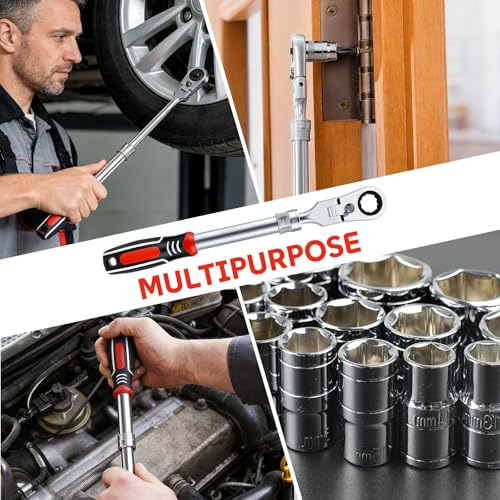 Extendable Ratchet Wrench Set, 72-Tooth Long Socket Wrench Ratchet with 1/4" 3/8" 1/2" Socket Drive Adapat, 180° Flex-Head Ratcheting Set with Soft Grip Handle for Men Mechanic Hand Tools