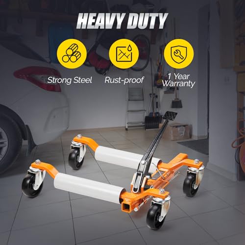 TUFFIOM Car Wheel Dolly Set of 4, Mechanical 6000-lbs Car Dollies, 12'' Wheel Vehicle Positioning Jack, No Assembly, Heavy Duty Rollers w/Ratcheting Foot Pedal, for Tire Auto Repair,Orange - color: Orange-Silver,Set of 4