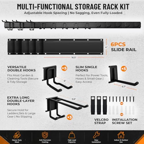 99" Heavy Duty Garage Tool Organizer Wall Mount, Steel Garage Storage Rack Holds up to 900 lbs with Adjustable Hooks, Wall Mounted Tool Organizer for Garage, Shed & Yard, 6 Panels, 13 Hooks & 2 Straps - size: 99"|6 Panels+13 Hooks+2 Straps