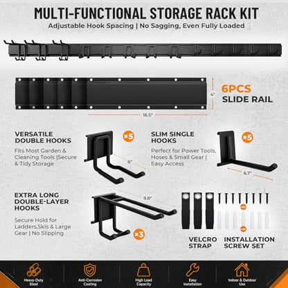 99" Heavy Duty Garage Tool Organizer Wall Mount, Steel Garage Storage Rack Holds up to 900 lbs with Adjustable Hooks, Wall Mounted Tool Organizer for Garage, Shed & Yard, 6 Panels, 13 Hooks & 2 Straps - size: 99"|6 Panels+13 Hooks+2 Straps