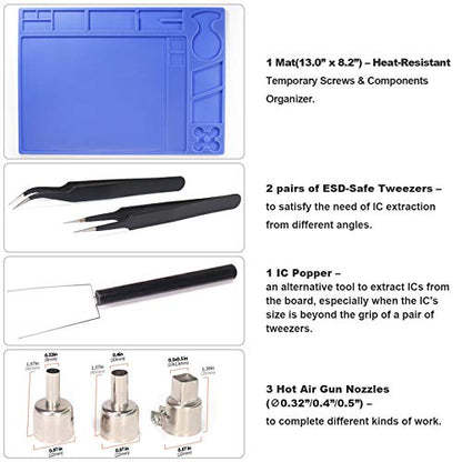 YIHUA 959D-Digital Hot Air Rework Station, High Power with 3 Memories, Airflow Efficiency, °F /°C Display, Accurate Temp.(212°F~932°F), Brushed Aluminum Panel & Safety Features