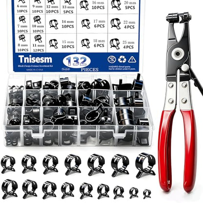 Tnisesm 132Pcs 6-25MM Spring Hose Clamps with Hose Clamp Pliers, Black Small Hose Clamps Automotive Fuel Hose Clamp Silicone Vacuum Hose Pipe Low Pressure Air Clip Clamp - size: 132Pcs - 16 Sizes + Plier