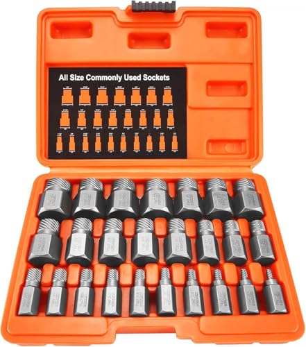 XEWEA 25Pcs Screw Bolt Extractor Set, Multi-Spline Easy Out Kit | Hex Head Bolt Remover Tool High-Hardness Cr-Mo Steel EZ Out for Removing Stripped, Broken Rusted Bolts Screws, Studs - color: 25pcs