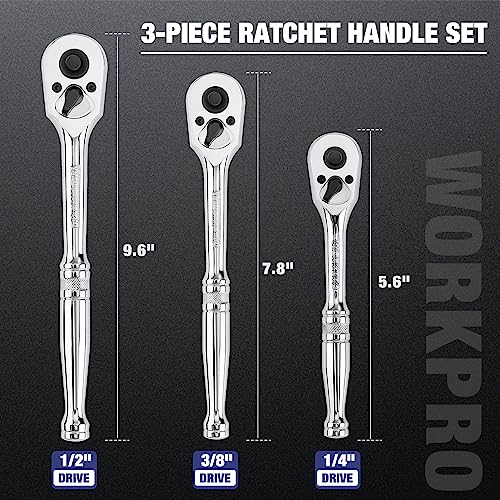 WORKPRO 3-Piece Ratchet Set, 1/4", 3/8", 1/2" Drive, 72-Tooth | Quick Release Reversible, 5 Degree Swing, Chrome Alloy Made, Full Polished - size: combo kit(1/4,3/8,1/2)