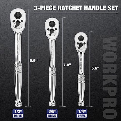 WORKPRO 3-Piece Ratchet Set, 1/4", 3/8", 1/2" Drive, 72-Tooth | Quick Release Reversible, 5 Degree Swing, Chrome Alloy Made, Full Polished - size: combo kit(1/4,3/8,1/2)