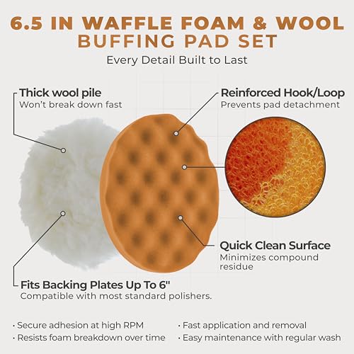 TCP Global 6.5 Inch Buffing Pads Set - 5 Waffle Foam Buffer Pads & 1 Wool Pad for Orbital Buffers, DA Polish Pad for Paint Correction, Polishing Kit for Auto & Boat Gelcoat Detailing