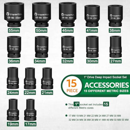 1-Inch Drive Deep Impact Socket Set,15 Pcs, Metric,CR-MO for Truck | 17/19/21/22/24/27/30/32/34/36/38/41/46/50/55mm Heavy Duty Large Sockets for Excavator & Industrial Use, with Metal Case - size: 15 PCS